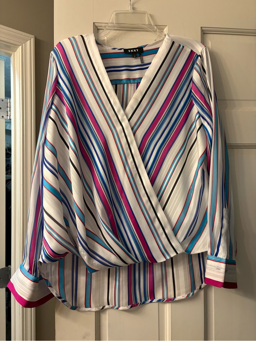 DKNY White Striped Wrap Blouse with Pink & Blue Accents